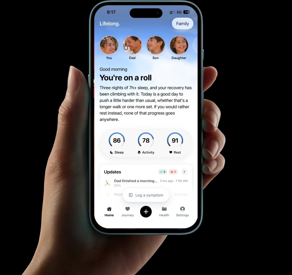 The Lifelong app on a phone, held up in one hand